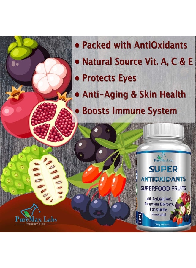 YUMMYVITE Super Antioxidant Fruit Superfood Complex - Powerful Antioxidant Superfruits, Acai, Goji, Noni, Mangosteen, Pomegranate, Elderberry, Resveratrol, Immune Support, Skin Care - 60 Capsules - Image 4
